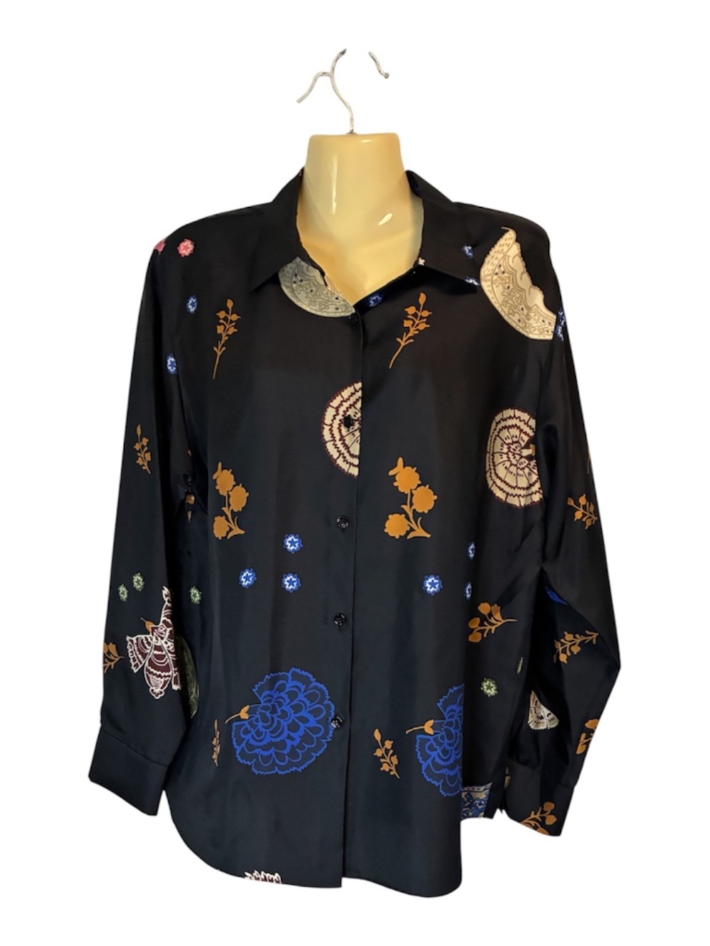 Lafayette 148 New York Rae Bohemia Bloom Silk Twill Shirt Blouse Chic Black Med